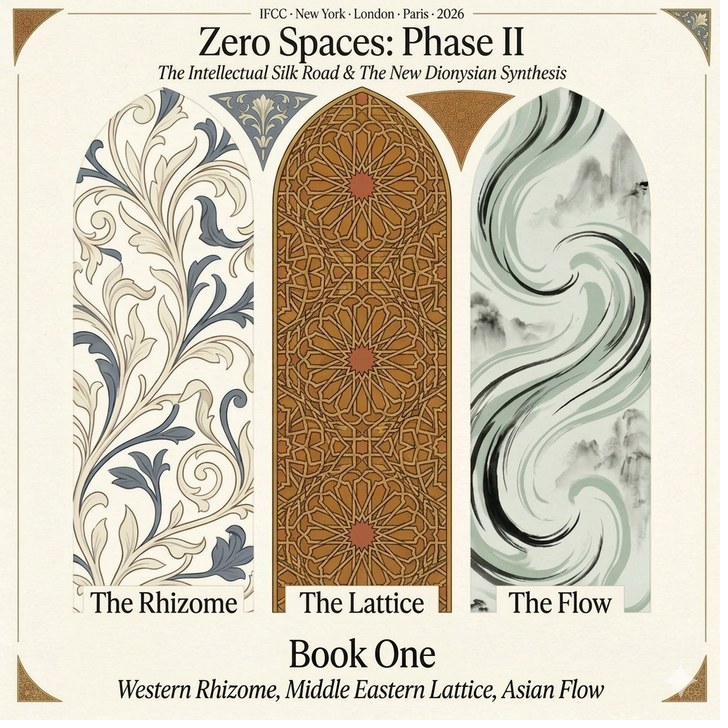 Zero Spaces: Phase II — Book One: The Architecture. Triple-arch triptych showing the Western Rhizome, Middle Eastern Lattice, and East Asian Flow.