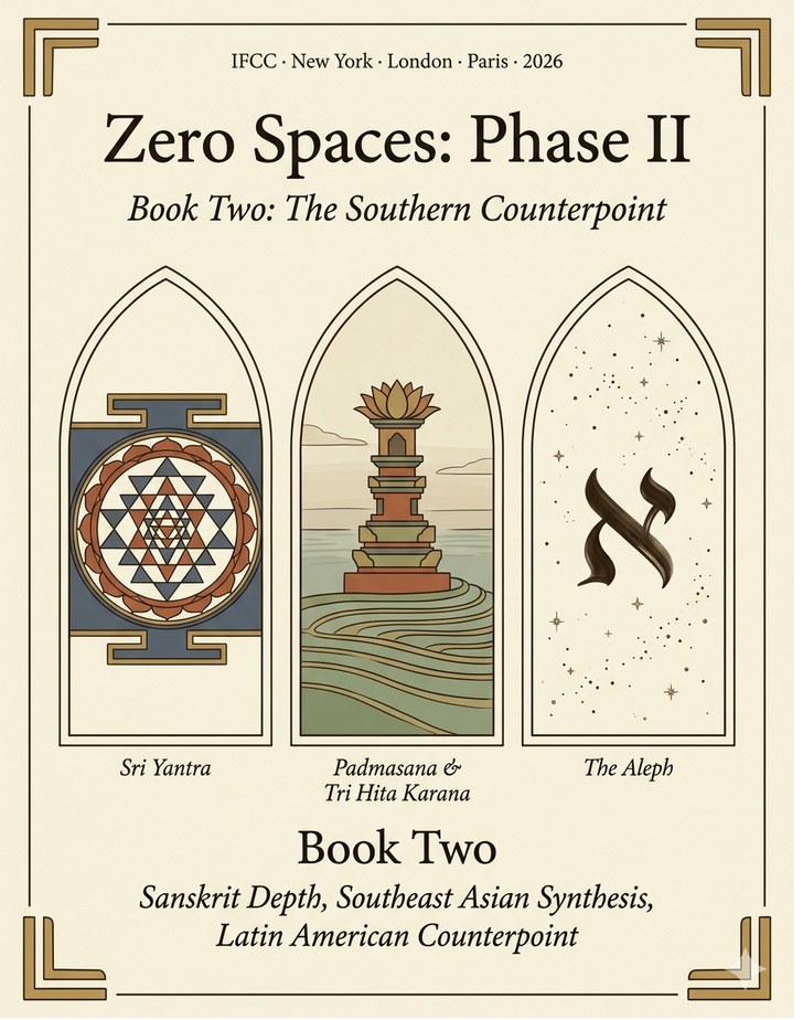 Zero Spaces: Phase II — Book Two: The Southern Counterpoint. Triple-arch triptych showing the Sri Yantra, Padmasana and Tri Hita Karana, and the Aleph.
