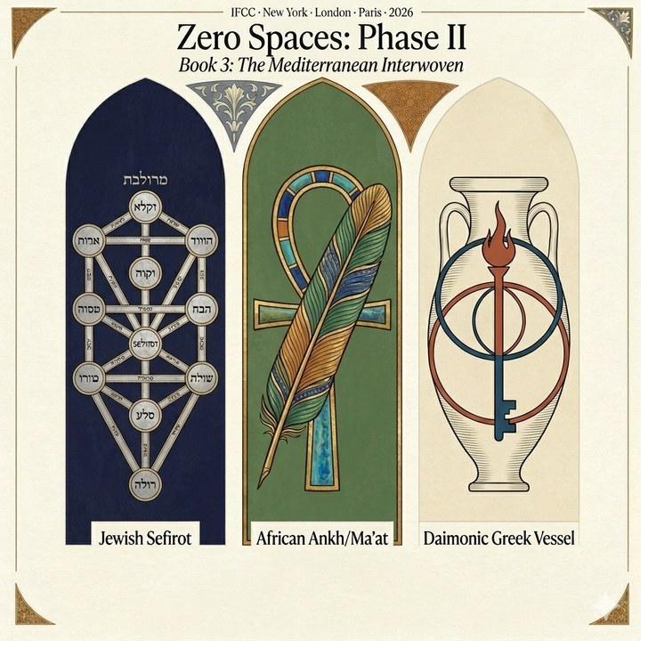 Zero Spaces: Phase II — Book Three: The Mediterranean Interwoven. Triple-arch triptych showing the Jewish Sefirot, the African Ankh and Ma'at, and the Daimonic Greek Vessel.