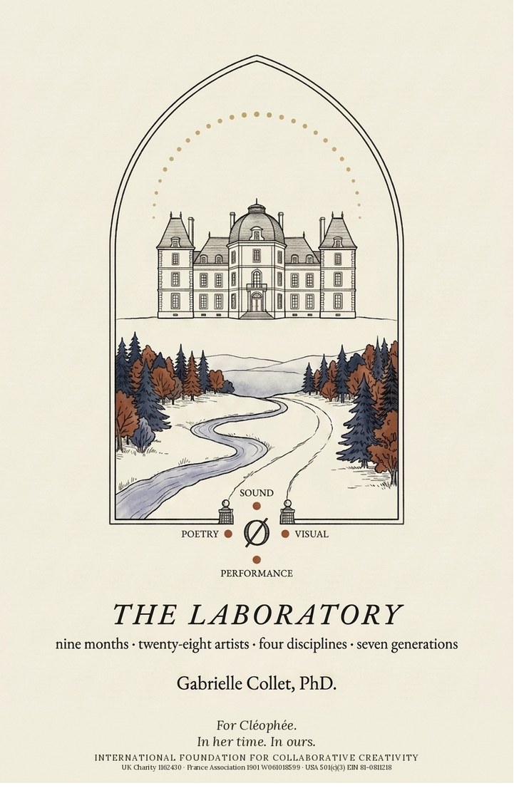 Zero Spaces: Phase II — Book Four: The Laboratory. Single-arch chateau cover with the four discipline pillars (sound, visual, performance, poetry) and the seven-generations strapline.