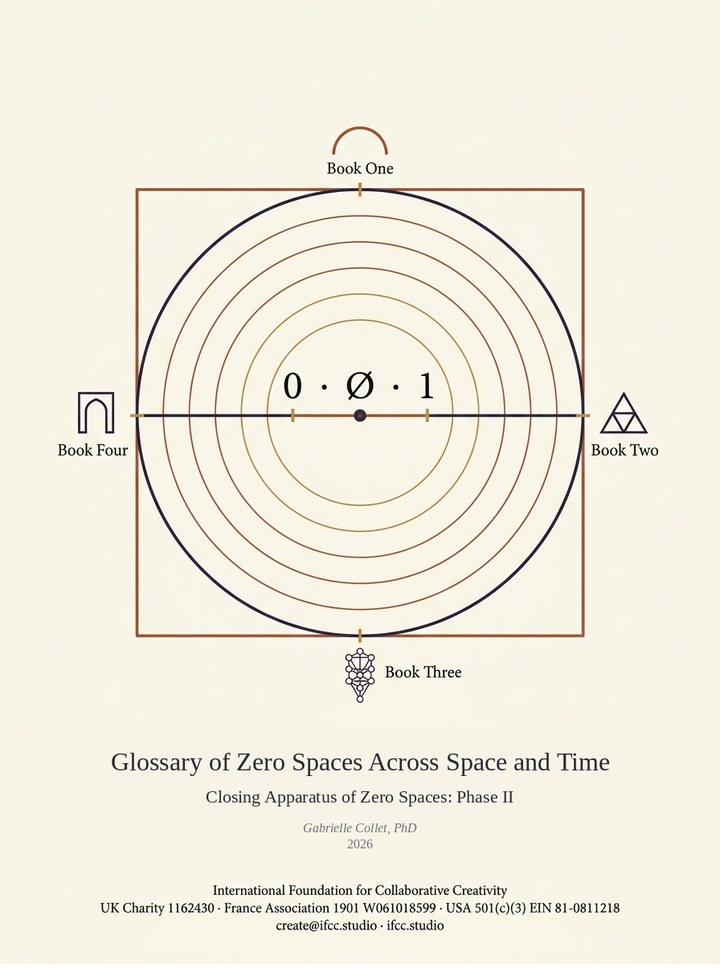 Glossary of Zero Spaces Across Space and Time. Closing apparatus showing the four-volume diagrammatic plate with the 0 · Ø · 1 figure at centre.