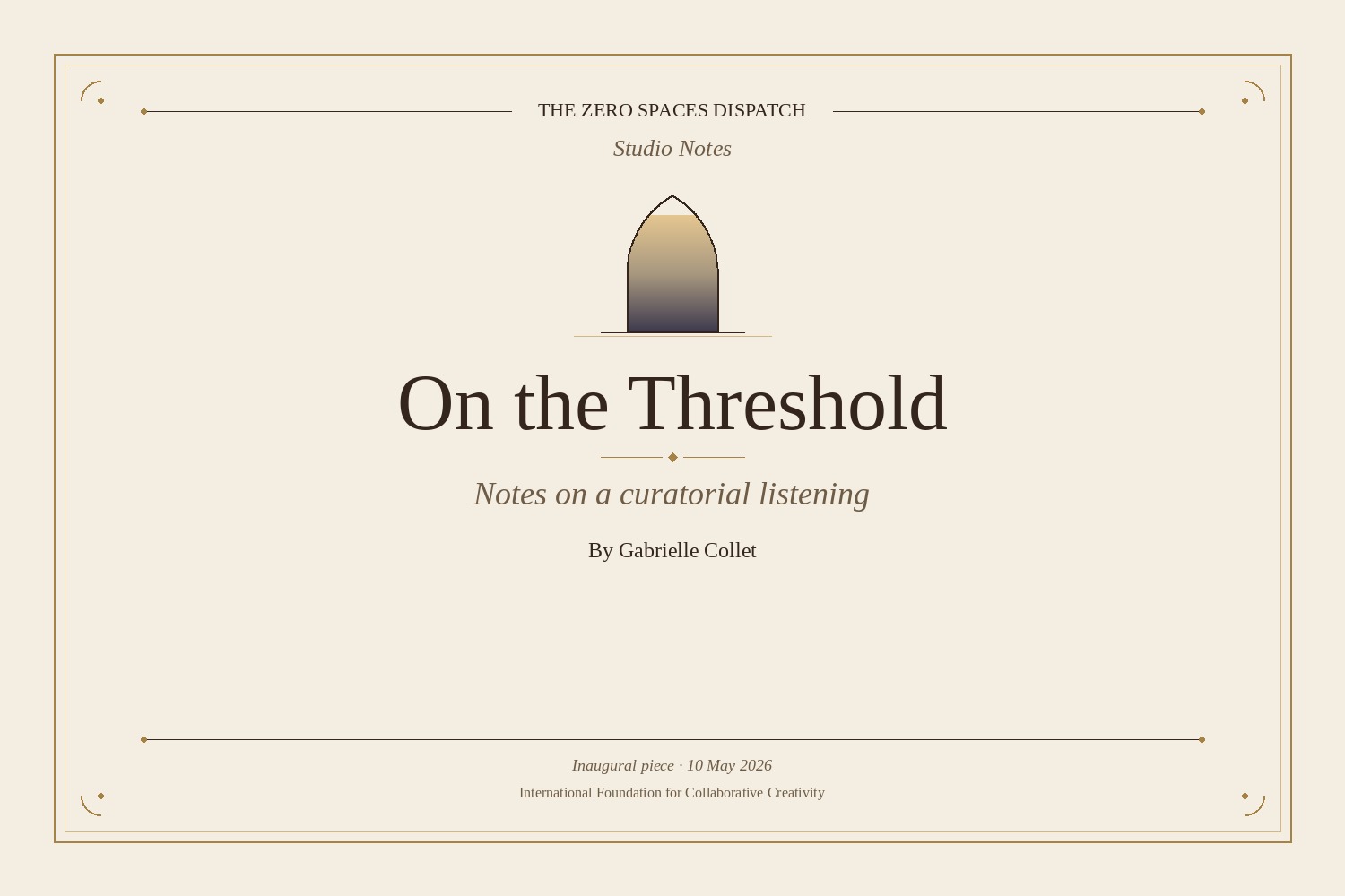 On the Threshold — Studio Notes cover. International Foundation for Collaborative Creativity.